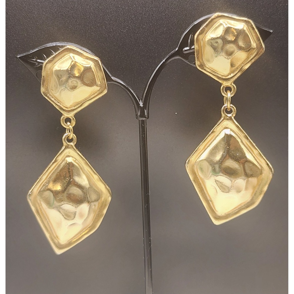 Vintage Hammered Gold Tone Geometric Clip On Drop Earrings Statement READ